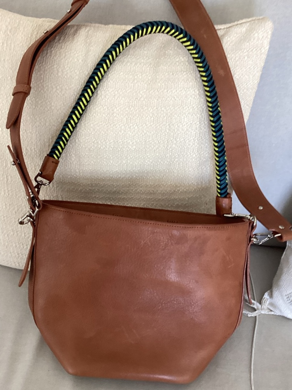 Mecha Mendez Cognac Leather Shoulder Bag with Braided Navy & Neon Handle - Picture 3 of 11